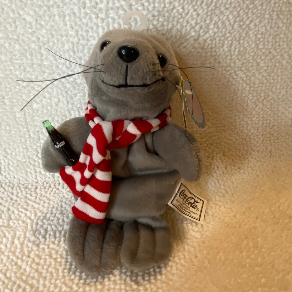 1997 Coca Cola Seal in Scarf Bean Bag Plush Collectible with Bottle